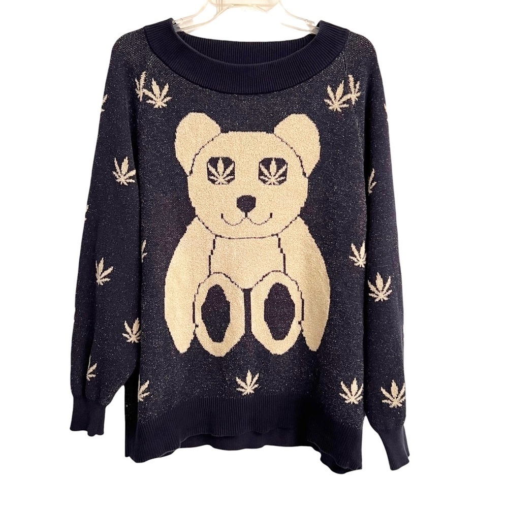 Urban Outfitters Teddy Bear Leaf Oversized Baggy Sweater Navy Blue Cream Small - Picture 2 of 6